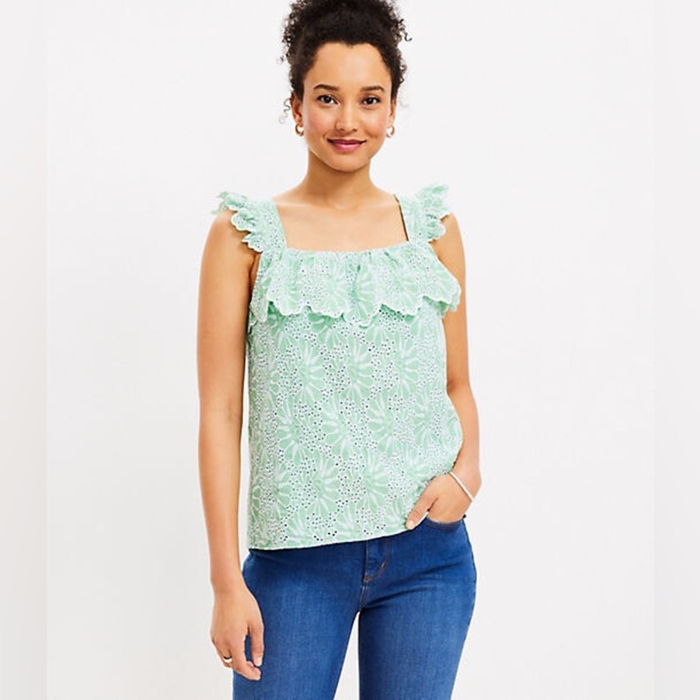 LOFT Eyelet Ruffle Square Neck Tank Top Mint Green Summer Boho Chic Top M